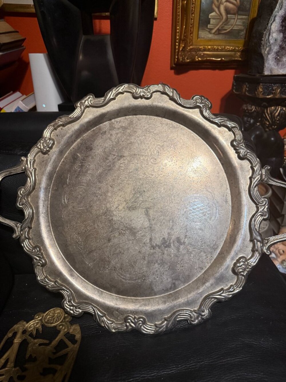 Vintage Silver-Plated Round Serving Tray with Handles (Late 20th Century)